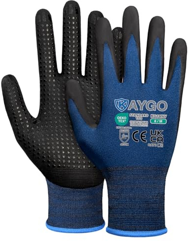 KAYGO Arbeitshandschuhe mit Grip Noppen für Anti-Rutsch Griff, KG19NV | Nitril beschichtet, Leicht Ölbestandig, 3 Paar Nylon Schutzshandschuhe für Auto, Werkstatt, Lager, DIY (Navy Blau, M, Gr 8)
