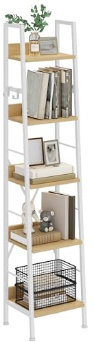 YITAHOME Bookcase 5 Tiers, Industrial Ladder Shelf Floorstanding Book Shelf Wooden Shelves and Metal Frame Book Rack Modern Shelving Unit for Living Room, Hallway, Office, White and Oak Bookshelf