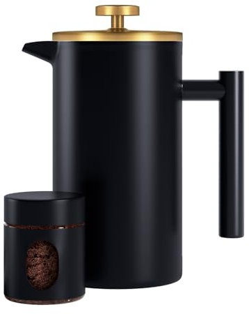 Enfmay Cafetière à Piston, French Press 1L avec Système de Filtration 4 Couches, Cafetière Française Isolée Double Paroi en Acier Inox pour Maison, Voyage et Camping, Avec Boîte à Café, Noir