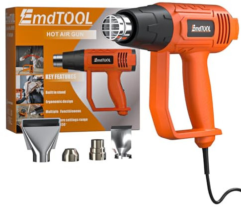 2000W Professionelles Heißluftgebläse 2 Variable Temperatur 300/600°C, Heißluftpistole Kit mit 4 Düsen für Schrumpfen von PVC, Auflösen von Klebstoffen, Orange