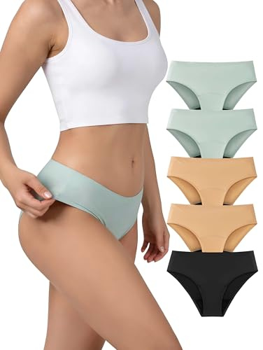 TIICHOO Period Underwear Heavy Flow Seamless Period Bikini Panties for Women 5 Pack (Medium,Black/2 Beige/2 Smoke Green)
