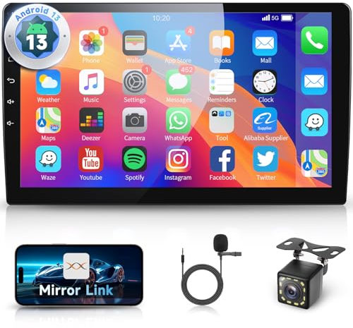 Hodozzy Android Radio de Coche - Bluetooth 2 DIN 10,1 Pulgadas IPS Pantalla Táctil Multimedia para Coche,Soporta GPS,WiFi,DSP Mirror Link,FM/RDS Radio,USB,Control del Volante con Cámara + Micrófono
