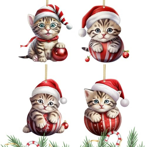 4 Stück Weihnachtsbaum Katzen Anhänger 2D Acryl Weihnachtskatze Hängende Deko Weihnachtsbaum Anhänger Lustiger Weihnachten Katzen Ornament Für Weihnachtsanhänger Deko,Auto Anhänger