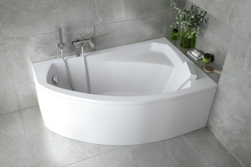 ECOLAM Baignoire d'angle Rima 140x90 cm droite | tablier acrylique | Appuie-tête | pieds siphon + silicone | Set complet