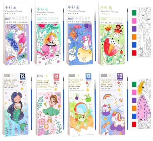 96 Seiten Tragbare Wasserfarben Malbücher Set, Saubere Kleinkinder Aquarell Bücher, Magic Wasser Malbuch, Taschen Malbuch mit Pinsel Malblöcke, Kinder Aquarell Malpapier für Jungen Mädchen 5+