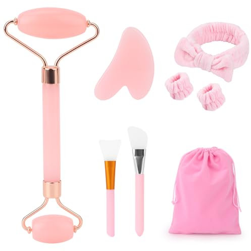 FIDWALL Set Rosa di Gua Sha e Rullo di Giada, Kit Massaggiatore Viso con Rullo di Giada e Pietra Gua Sha, Strumento di Skincare Preppy per Massaggio Rilassante al Viso, Guasha Viso e Collo