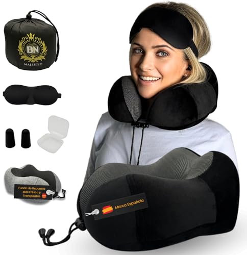 Almohada de Viaje Viscoelástica | Cojín Cervical Ergonómico | Funda de Repuesto + Bolsa Compacta | Antifaz y Tapones para Oídos | Almohada para Avión, Coche y Oficina | Suave y Transpirable