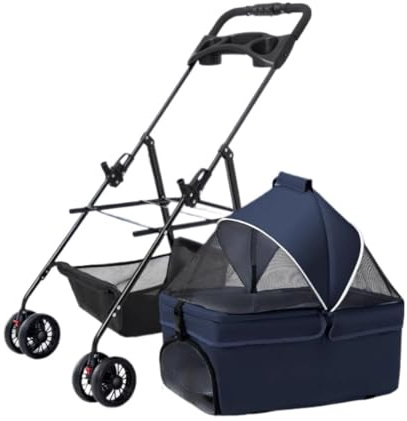 Hundvagn, hundvagn hundvagn kattvagn vikbar husdjursvagn hundvagnar avtagbar kattvagn med förvaringskorg och mugghållare för liten medium hundvagn hundbuggy (blå)