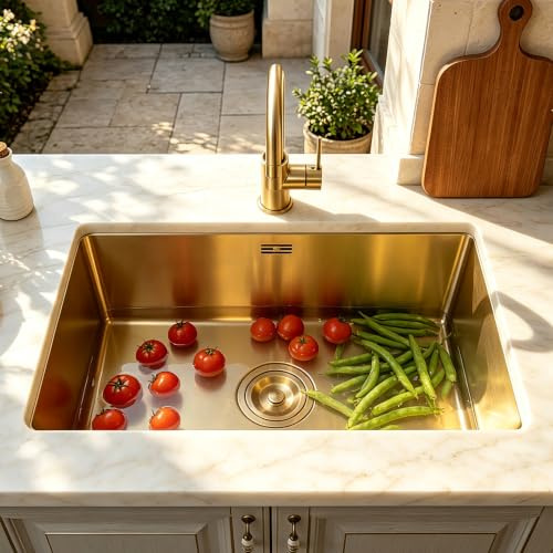 Évier de cuisine doré 60x40 cm – Set complet avec robinet doré, bonde et siphon inclus – Évier encastrable en acier inoxydable avec trop-plein – Idéal pour cuisine moderne, camping-car, bureau
