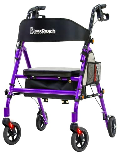 BlessReach Lightweight Foldable Rollator Walkers with Seat for Seniors, 350 lb Capacity, 5-Position Adjustable Height, Premium Hybrid Rolling Walker - Aluminum and Carbon Steel (Purple)