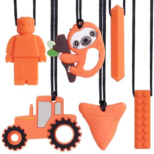 6 pezzi, collana da masticare Sensory, in silicone, arancione, per bambini autistici, dentizione, paura, mordere bisogni, ADHD, motore orale Chewy, con fibbia regolabile per bambini e bambine