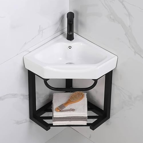 GUAWJRZDP Eckwaschbecken, Eckwaschbecken Zur Wandmontage, Eckwaschtisch Fürs Badezimmer, Eckwaschbecken Aus Keramik, Waschbecken Mit Edelstahlgestell(56x56cm/22x22in)