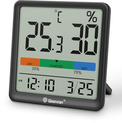 Geevon Room Thermometer Hygrometer, Desktop Digital Temperature-Humidity Monitor, Accurate Humidity Meter with Clock, Indoor Temperature Sensor, Three Placement Options -Black (Electricity Included)