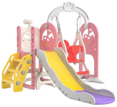 Tobogán Infantil Interior, tobogán con Columpio Bebe con Canasta Baloncesto toboganes Infantiles Exterior con Escalada Columpio Infantil Interior Parque Infantil con Tobogán y Columpio (6 en 1 Rosa)