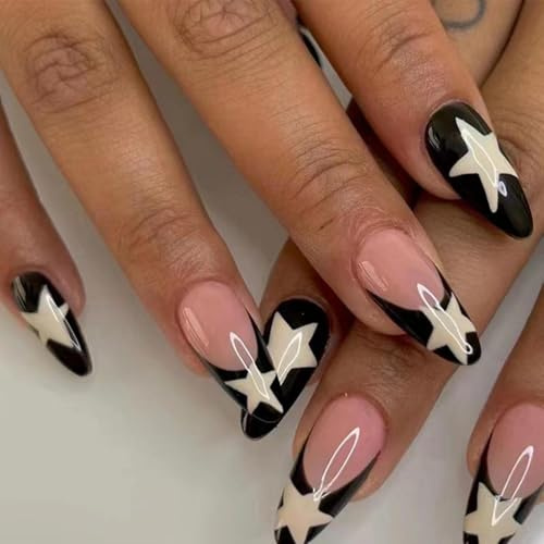 24PCS Star French Tip Press On Nails – Black Nude Almond Fake Nails with White Star Design – Glossy Acrylic Stick On for Women Daily Party Wear