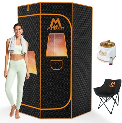 M METERXITY Portable Sauna for Home, Extra Large Sauna Box, Thickened 600D Thermal Sauna Tent, 3L 1500W Steamer, 9 Levels Heat, 60 Mins Timer, 300LBS Folding Chair, Remote Control