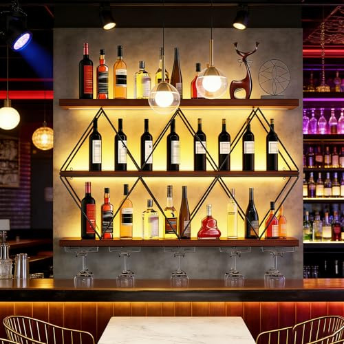 120cm Portabottiglie da Parete in Stile Industriale con Portabicchieri Grande Portabottiglie Fai da vino in Legno Metallo a 3 Livelli Moderno da Bar Galleggiante a Forma di Diamante (A, 120cm)