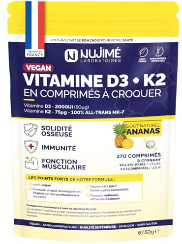 Vitamine D3 (2000UI) + K2 (all-trans MK7, 75µg) | 100% VEGAN | Solidité Osseuse, Muscles, Immunité | Arôme naturel d’ananas | Fabriqué en France (270 comprimés | +6 mois)