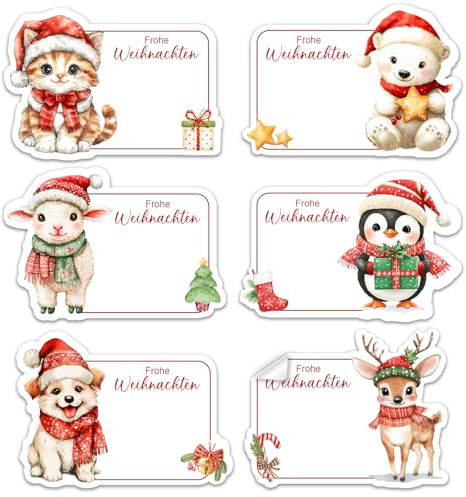 120 Stück Aufkleber Weihnachten, Cute Sticker Tiere mit Frohe Weihnachten Schriftzug, Klebeetiketten zum Beschriften, Weihnachtssticker Selbstklebend für Briefumschläge Papiertüten Geschenkanhänger