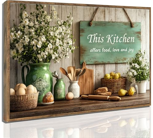 Framed Country Kitchen Food Still Life Canvas Wall art Vintage Rustic Farmhouse This Kitchen Offers Food Love and Joy Painting Picture Wall Decor Poster Print Artwork for Dining Room Home Decoration