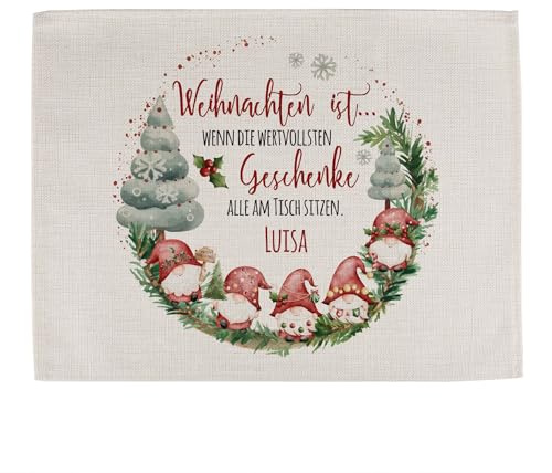Herz & Heim® Personalisiertes Platzdeckchen zu Weihnachten – Tischset mit Name – Wichtel & Tannen Motiv – Filz oder Jute – Platzset mit Weihnachtsmotiv als festliche Dekoration für den Esstisch (Jute)