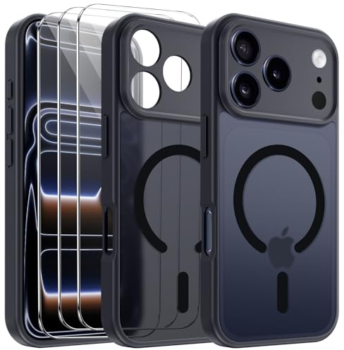 Funda Magnética para iPhone 17 Pro MAX 6,9 Pulgadas, con 3 Piezas Vidrio Templado Protector de Pantalla y Marco de Instalación Fácil, Compatible MagSafe, Carcasa Respaldo Translúcida Mate - Negro