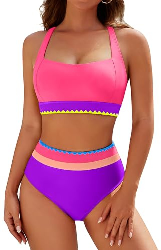 Blooming Jelly Womens High Waisted Bikini Sets Tummy Control Modest Two Piece Swimsuit 2026 Slimming Retro Sporty Color Block Bathing Suit (M, Pink & Purple)