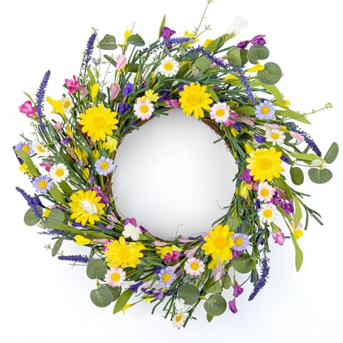 J'FLORU Artificial Spring Wreath Summer Wreaths for Front Door Floral Wreath with Daisy and Lavender for Indoor Outdoor Easter Celebration (18 Inch)
