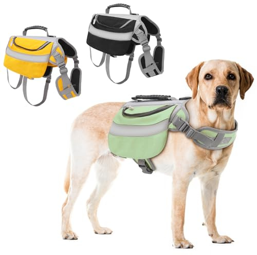 ZESTEFY Hundeweste Rucksack Geschirr Atmungsaktiv Robust Mit Reflektierenden Streifen 2 Seitentaschen Wasserdicht Für Spaziergänge Wandern Training (Grün)