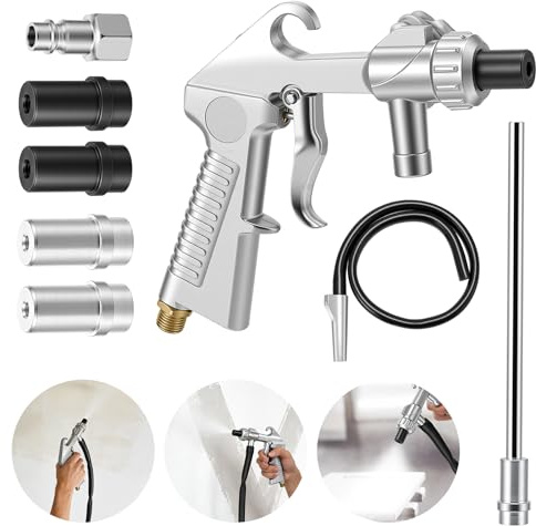 Sandstrahlpistole Druckluft Set, Langer Sandstrahldüse und Metalldüsen von 5MM/6MM Kaliber, mit Siphon-Zufuhr, Düse, Entfettungsmittel und Schleifmittel