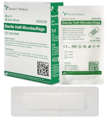 HansaGT Medical Steril Wundpflaster 20x10cm, Steriler Wundverband für sensible Haut, Sensitiv & Selbstklebend Schützt bei Schnittwunden Kratzern zur äußeren Einzeln verpackt 25 Stück