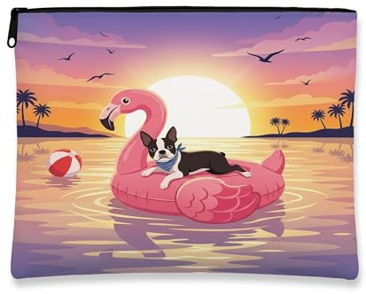 Funny Boston Terrier Dog Makeup Bag, Flamingos Lifebuoys Sea Cosmetic Travel Pouch for Women Girls, Portable Small Canvas Zipper Organizer, Pet Toiletry Bag 7x9 Inch