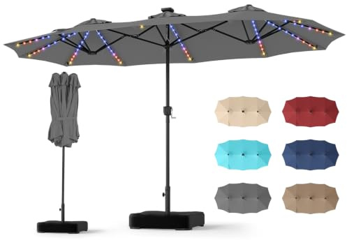 COSTWAY Doppelsonnenschirm 370x200 cm mit Ständer und LED-Beleuchtung | 12 Beleuchtungsmodi, 2 Lademöglichkeiten, Sonnenschirm mit Kurbel, Gartenschirm, Terrassenschirm, Marktschirm, Grau