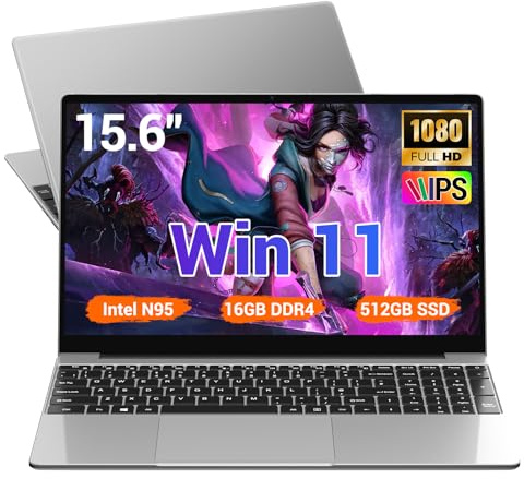 15.6-Inch Laptop with 16GB DDR4, 512GB SSD, N95 up to 3.4 GHz, 5000 mAh, Win 11, 1920x1080 FHD, WiFi 5, USB 3.0, Full Backlit Keyboard, Gaming Notebook