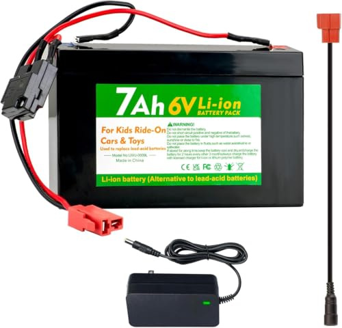 CHUNCAIL Kit de batería de litio de 6 V 7 Ah para niños – Compatible con vehículos de montacargas, ATV y camiones de bomberos, incluye cargador (negro/verde)