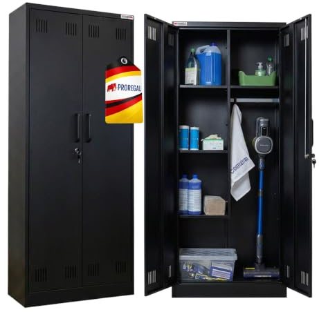 PROREGAL Putzmittelschrank Rhino Metall 170x70x30cm Schwarz 2 Türen