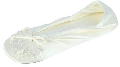 isotoner Women’s Rose Quilted Ballerina Slippers with Rhinestone Embellishment and Genuine Suede Sole , Ivory, 6.5-7.5 US