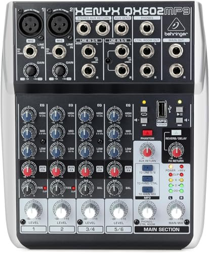 Behringer XENYX QX602MP3 Mezclador premium de 6 entradas y 2 buses con preamplificadores de micrófono XENYX, ecualizadores británicos, reproductor de MP3 y multiefectos