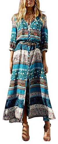 ZUMUii Butterme - Vestito Lungo da Donna, Vintage, con Scollo a V, Floreale, Bohemia, Stampa Laterale, con Scollo Lungo, Maniche Lunghe, Maxi Vestito, da Spiaggia, Cardigan Sundress Cover ups