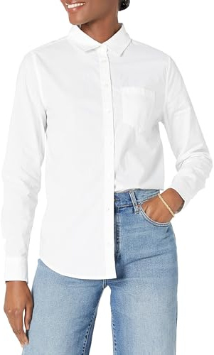 Amazon Essentials Chemise en popeline boutonnée à manches longues pour femme, coupe classique, blanc, taille S