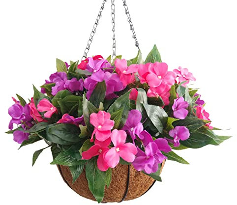 Mynse Set of Hanging Basket Artificial Impatiens Flowers Purple and Pink for Balcony Decoration (Big Basket and Artifiical Flowers)