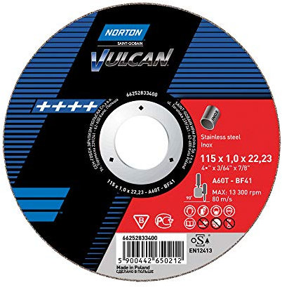 NORTON Lot de 25 disques à tronçonner droit 41 | 125 x 1,0 x 22,23 A 60 T Inox Vulcan Inox