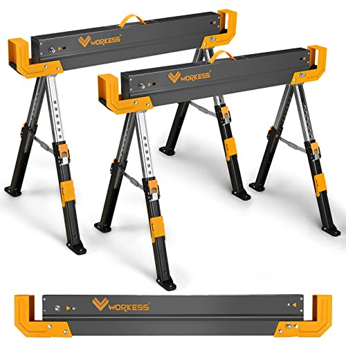 WORKESS Saw Horses 2 Pack Folding, 2600 Lbs Load Capacity & 24-32 Inch Adjustable Height Heavy Duty Sawhorse Table with 2x4 Support Arms, Portable Folding Legs and Easy Grip Handle for Woodworking