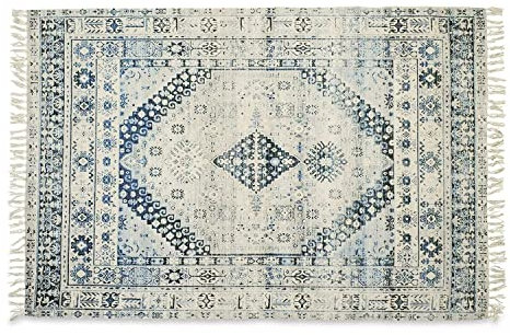 Loberon In- & Outdoor-Teppich Daly - Handgefertigt - Stilvolles Muster - Seitliche Fransen - Weich & Widerstandsfähig - 120x180 cm - Wohntextilien - PET, blau