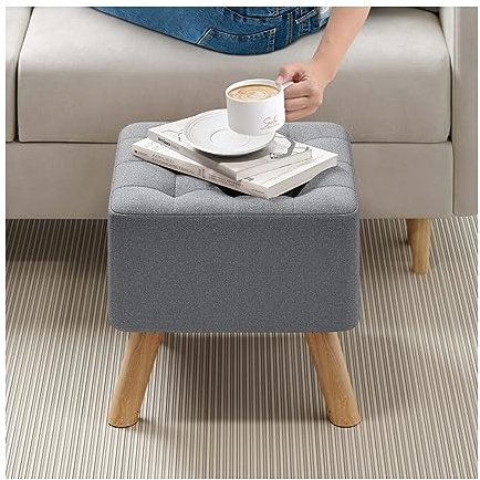 INMOZATA 40 cm Upholstered Footstool Square Linen Stool with Padded Seat Pine Wood Legs Pouffe Stool Change Shoe Footrest for Living Room Bedroom (Grey)