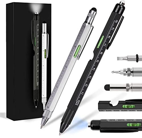 Moageme 2 Pièces Stylo Multifonction 10 en 1 Stylo Multi-Outils avec Lumière LED, Cadeau Homme Gadget High Coffret pour Papa, Gadget Insolite Utile Stylo Personnalisé