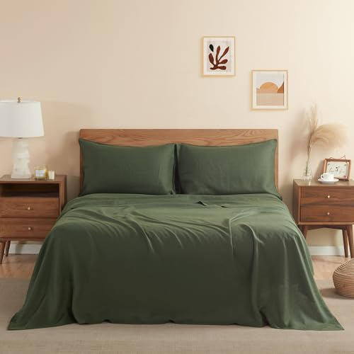 DAPU Juego de sábanas de Lino Puro, 100% Lino francés de Normandía, Transpirable y Duradero para Dormir Caliente, Juego de 3 Piezas – 1 sábana y 1 Funda de Almohada (Verde Oliva, Reina)
