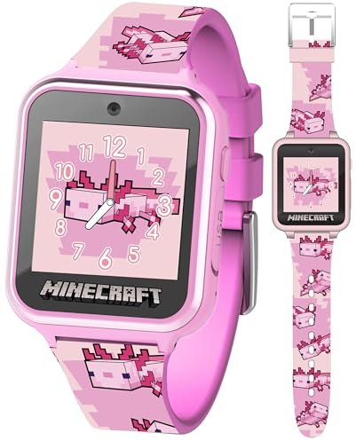 Minecraft Kids Smartwatch – Pink Axolotl Design, 10 Watch Faces, Step Counter, Selfie Camera, Calculator, Games, Voice Recorder, Alarm & Timer, Printed Silicone Straps – Fits Wrists 5.5-8.0