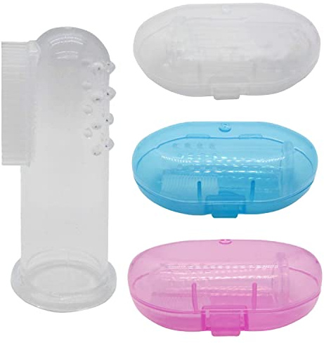 Gadgetime USA Baby Finger Toothbrush Set - Silicone Toddler Toothbrush with 3 Cases in Blue, Pink & Clear - Newborn Oral Massager