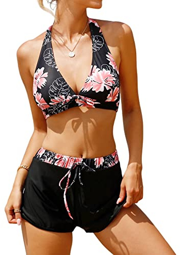 Vancavoo Costume da Bagno 2 Pezzi Donna Push Up Bikini Set Costumi da Mare Due Pezzi con Pantaloncini da Bagno Spiaggia Swimsuit Beachwear Estate,Nero+Fiore,M